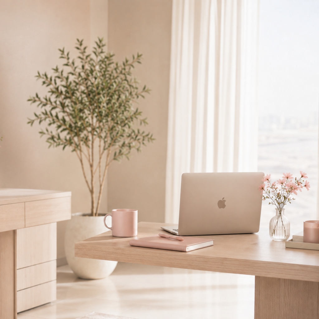 Femme Mediale styled workspace with laptop and notes