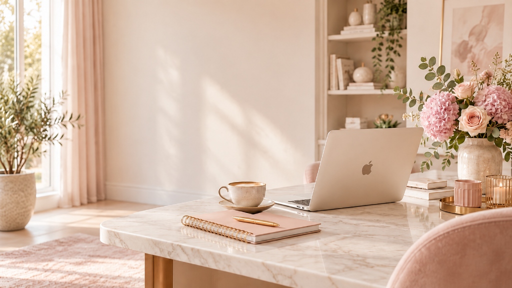 Femme Mediale DIY Pinterest workspace with laptop, coffee, and florals